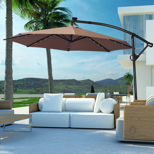 90" Brown Cantilever Patio Umbrellas, LED Lights