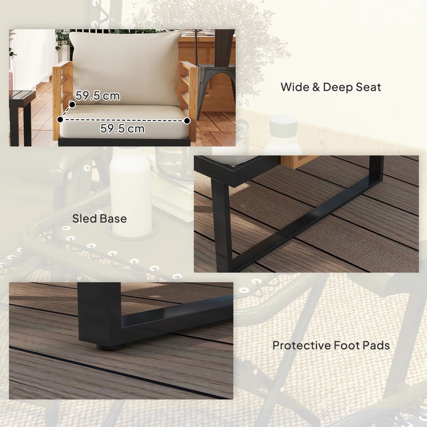 3 Pieces Outdoor Bistro Set, Metal Patio Furniture with Cushions, Armchairs and Slatted Table, Small Patio Set for Balcony, Porch, Beige