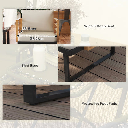 3 Pieces Outdoor Bistro Set, Metal Patio Furniture with Cushions, Armchairs and Slatted Table, Small Patio Set for Balcony, Porch, Beige