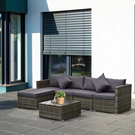 6 Pieces Patio Furniture Sets Outdoor Wicker All Weather PE Rattan Sectional Sofa Set with Ottoman, Cushions & Tempered Glass Desktop, Gray