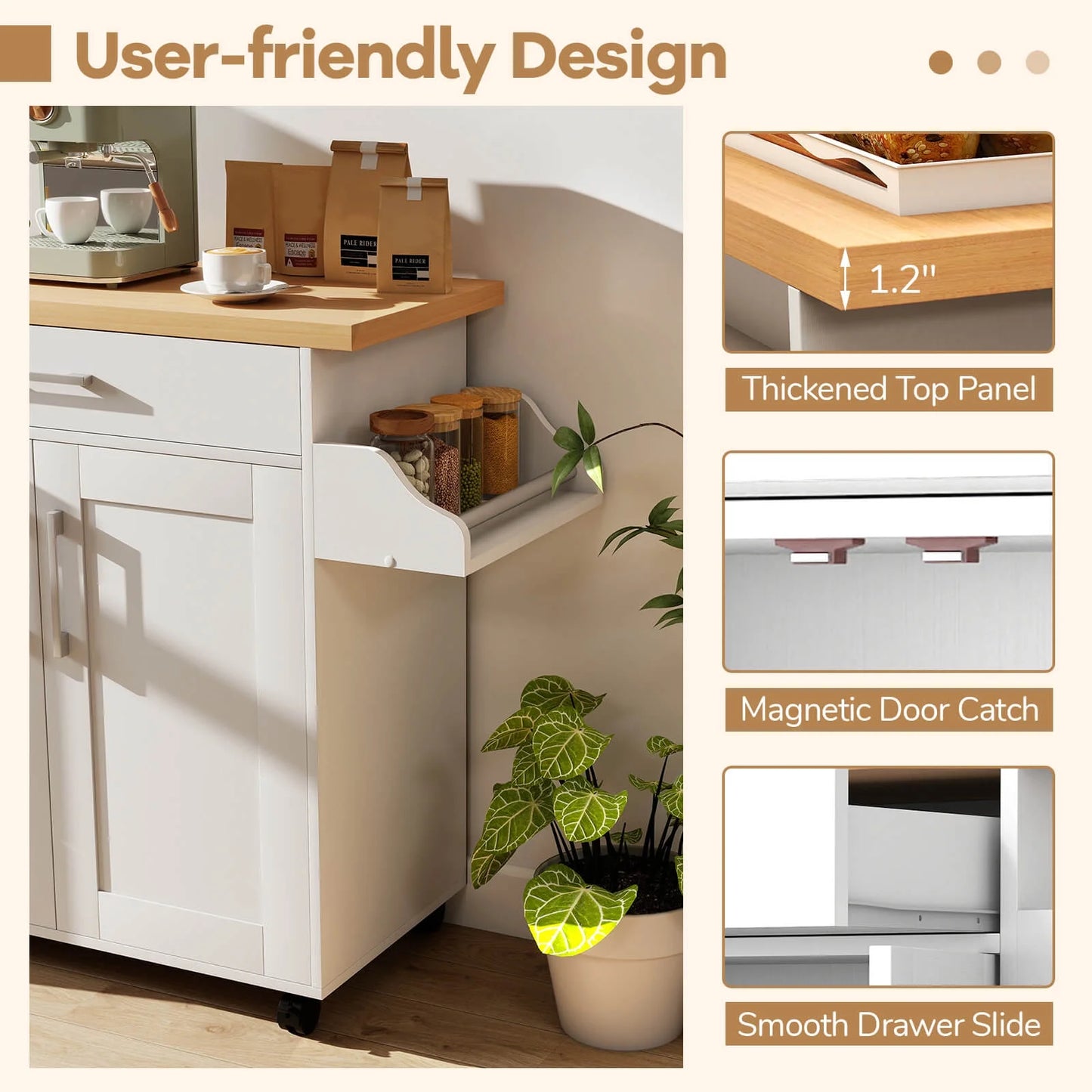 Rolling Kitchen Island Cart Storage Cabinet W/ Towel & Spice Rack White