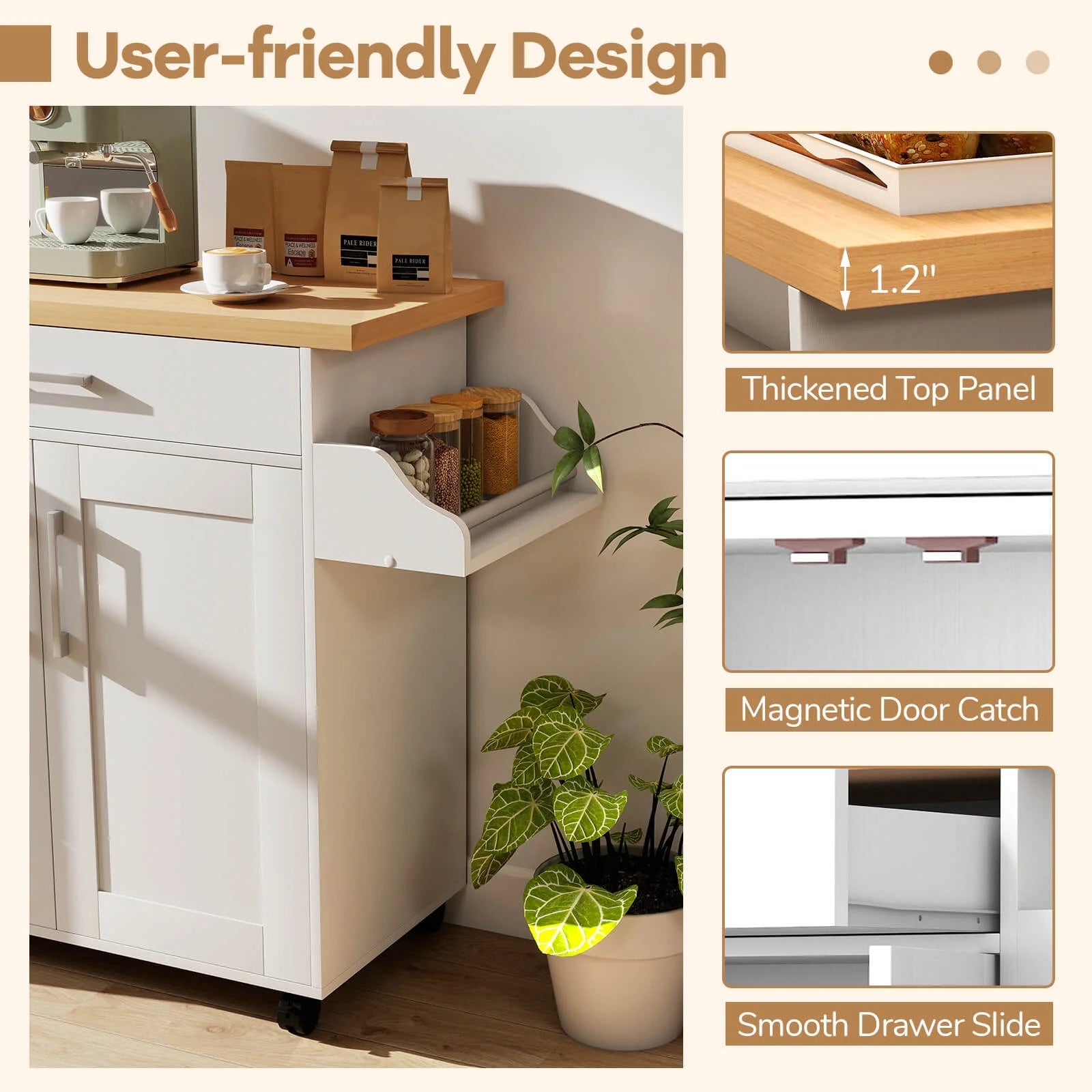 Rolling Kitchen Island Cart Storage Cabinet W/ Towel & Spice Rack White