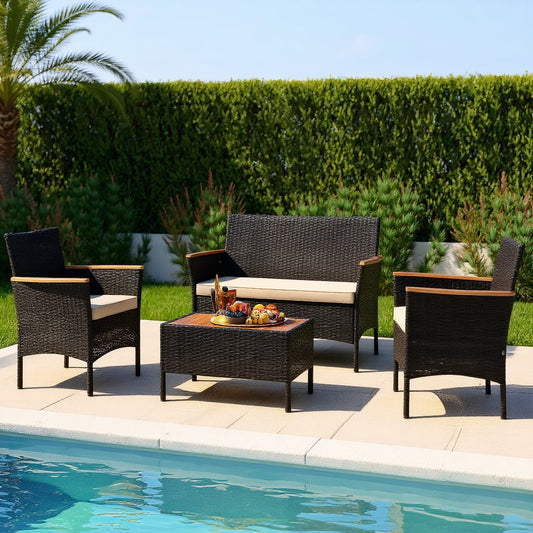 Patio Furniture Sets,Outdoor & Patio Furniture Sets,4 Piece Patio Wicker Sofa Set 2 Rattan Chairs and Loveseat with Table-Brown