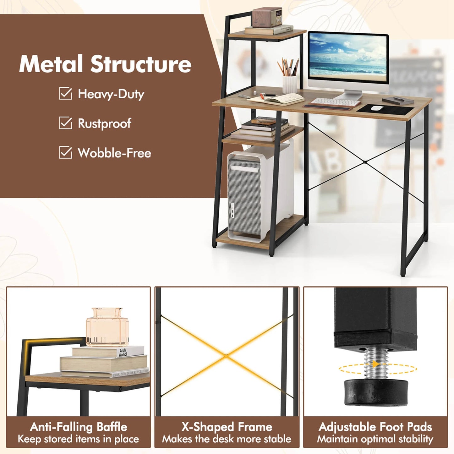 Home Office Desk with Bookshelf Host Stand Metal Frame Study Writing Desk