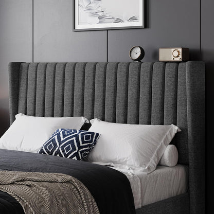 Queen Bed Frame Upholstered Platform Bed with Fabric Headboard, Wing Edge Design/Non-Slip and Noise-Free/Wooden Slats Support/No Box Spring Needed/Easy Assembly, Dark Gray Queen Bed