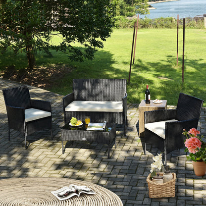 4PCS Patio Rattan Furniture Set Cushioned Sofa Coffee Table Backyard Porch White