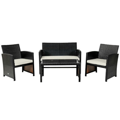 4-Piece Patio Seating Set, Patio Furniture Set, Patio Furniture Set, Wicker Garden Furniture with Wood Table and Legs, PE Rattan Outdoor Sofa Set for Balcony, Beige