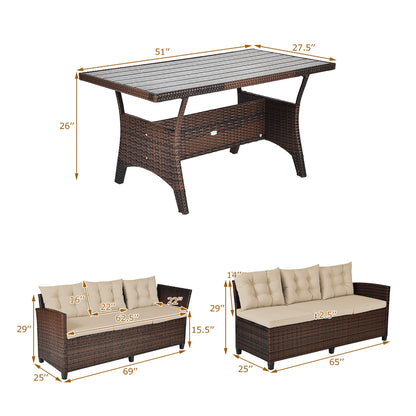 3PCS Rattan Dining Set Patio Furniture 6 Seats Sofa Cushioned