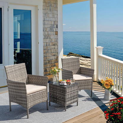 3 Pieces Patio Furniture Set Outdoor PE Rattan Wicker Patio Conversation Set Bistro Set with Tempered Glass and Cushioned Chairs, Brown/Beige
