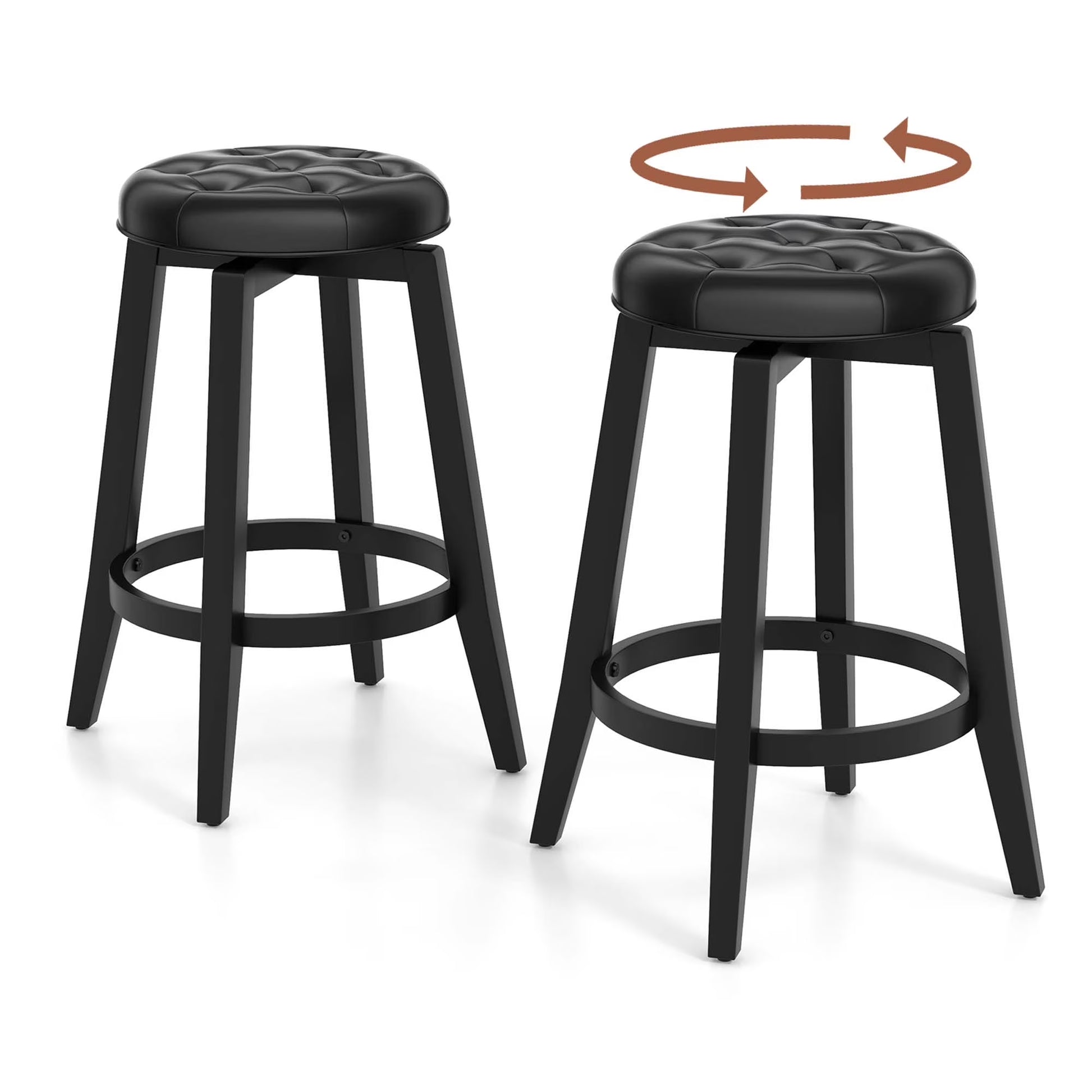 26" Swivel Bar Stool Set of 2 Upholstered Counter Height Rubber Wood Frame Black