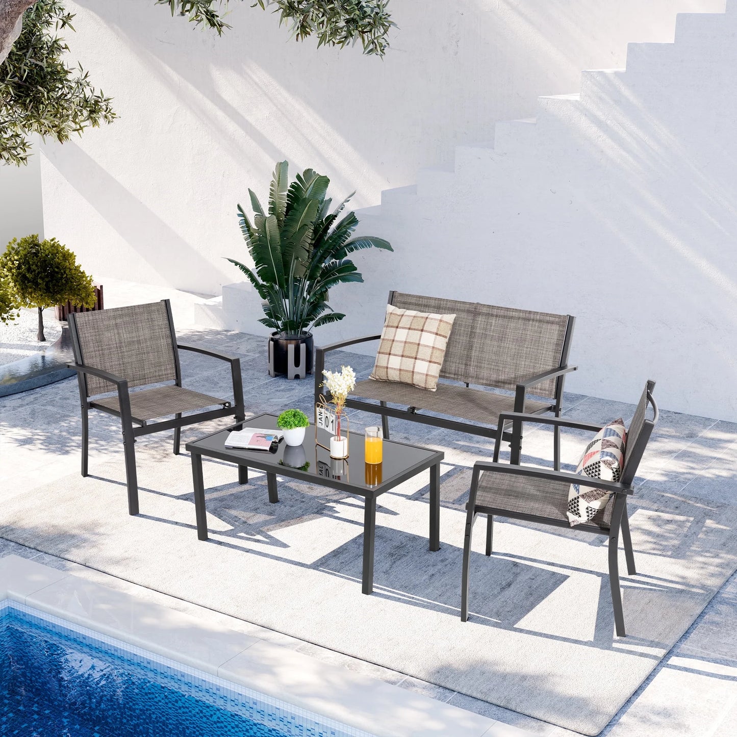 4 Pieces Outdoor Furniture Set All Weather Patio Textilene Steel Conversation Set, Patio Furniture Set Bistro Set with Loveseat Ea Table for Lawn and Balcony, Gray