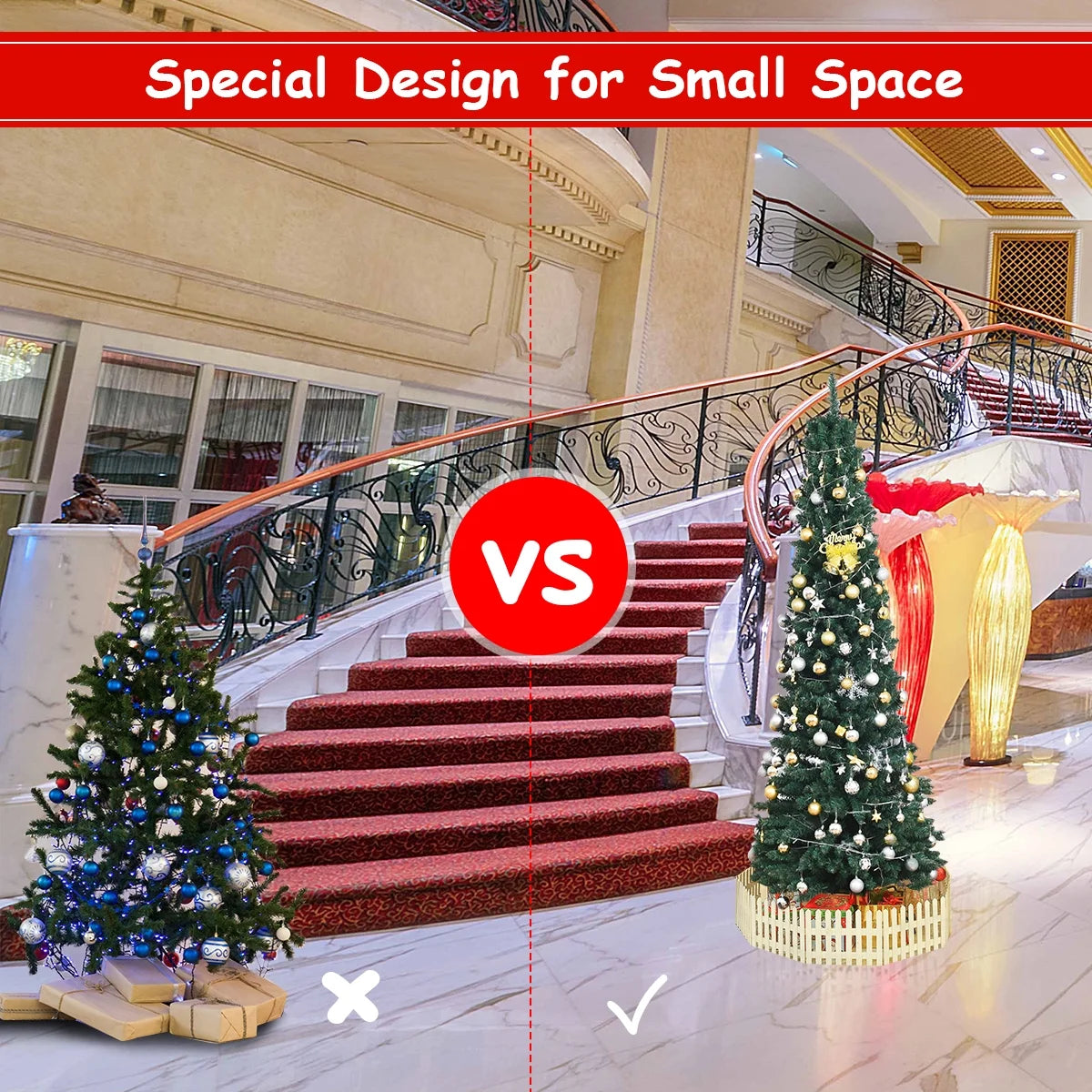 8Ft PVC Artificial Pencil Christmas Tree Slim Stand Green