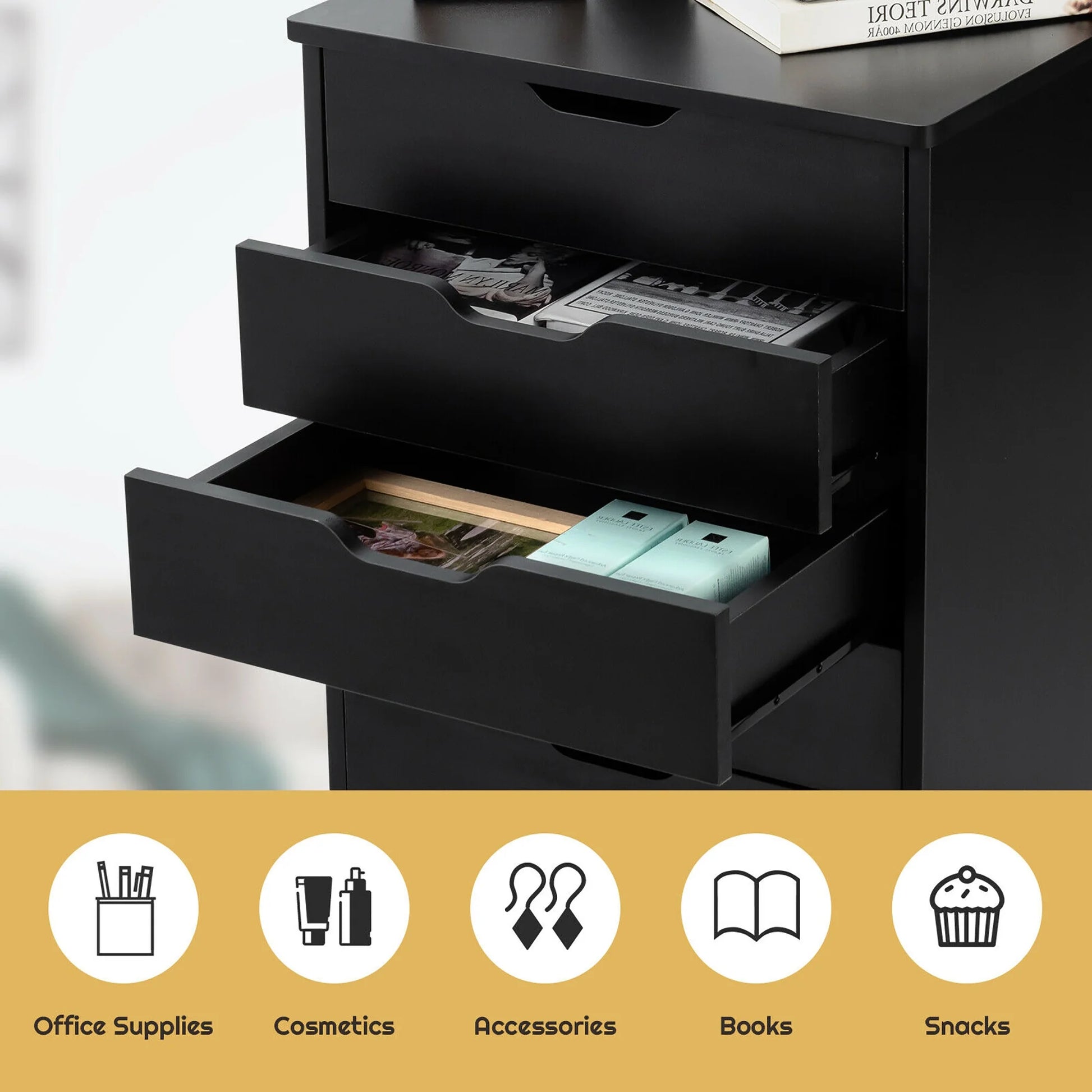 5 Drawer Chest Storage Dresser Floor Cabinet Organizer with Wheels Black