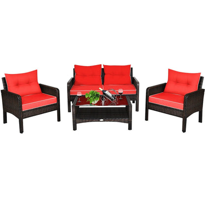 4PCS Patio Rattan Furniture Set Loveseat Sofa Coffee Table Garden W/Red Cushion
