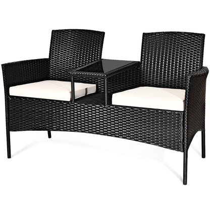 Patio Rattan Conversation Set Seat Sofa Cushioned Loveseat Glass Table Chairs