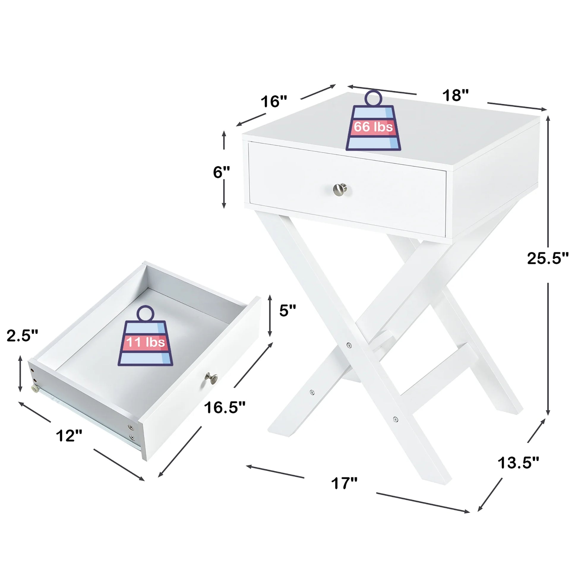 Side Nightstand with Drawer X Shaped Structure Accent Sofa End Table White