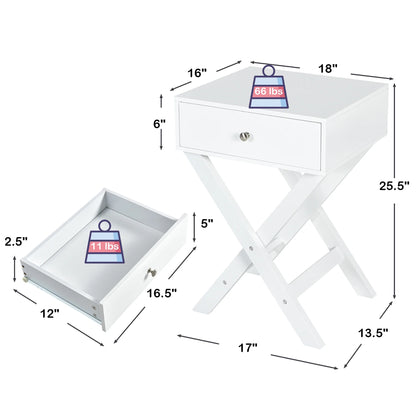 Side Nightstand with Drawer X Shaped Structure Accent Sofa End Table White