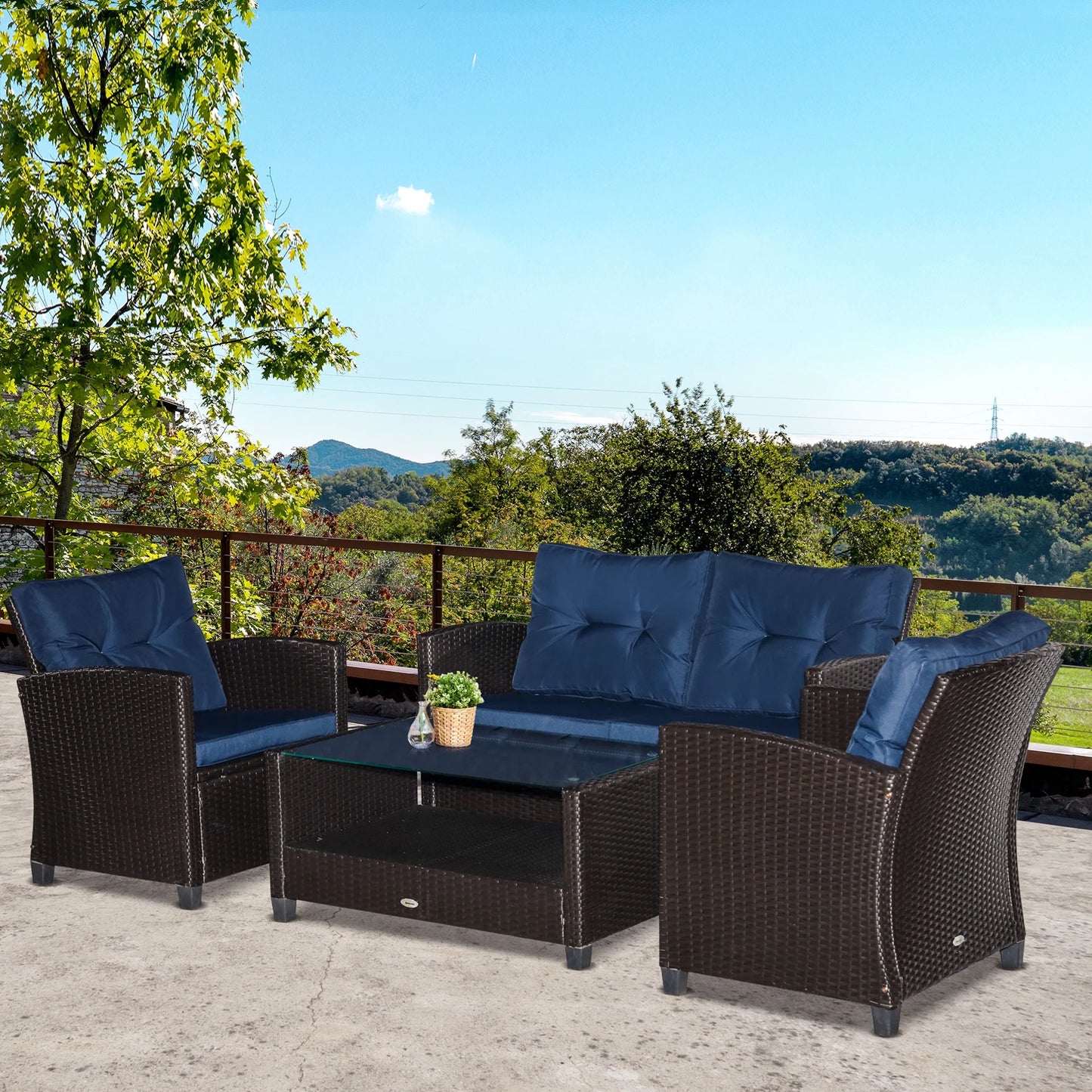 Outsunnny 4 Piece Patio Furniture Set, Outdoor Wicker Loveseat Sofa & Chairs, with 2-Tier Coffee Table & Tufted Cushions, Navy Blue