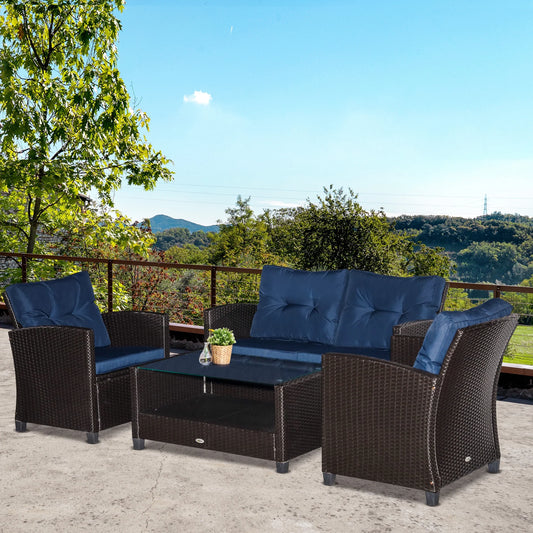 Outsunnny 4 Piece Patio Furniture Set, Outdoor Wicker Loveseat Sofa & Chairs, with 2-Tier Coffee Table & Tufted Cushions, Navy Blue