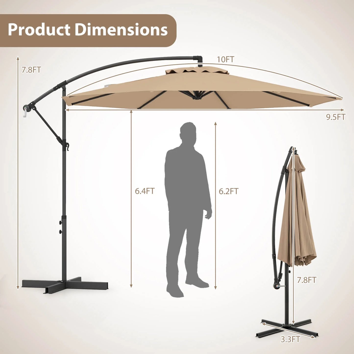 10' Hanging Umbrella Patio Sun Shade Offset Garden Market W/ T Cross Base Tan