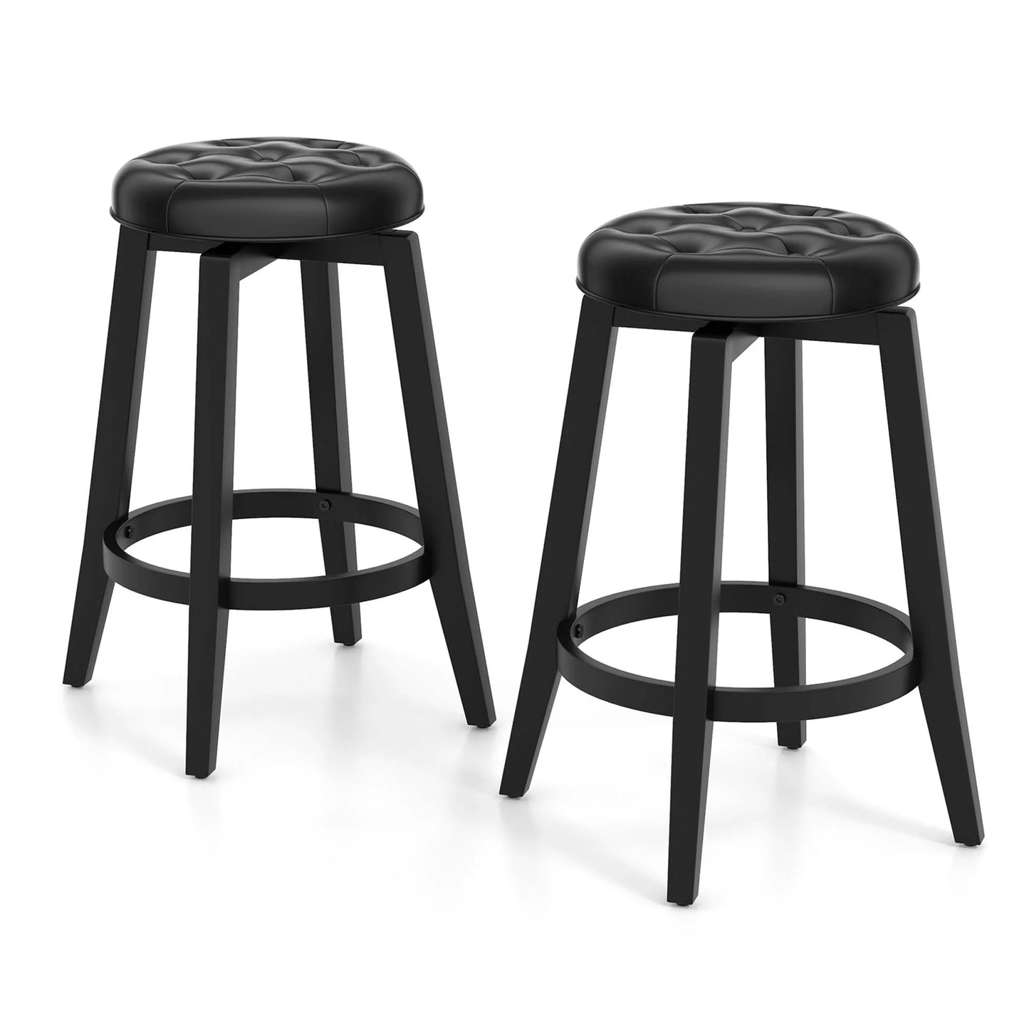 26" Swivel Bar Stool Set of 2 Upholstered Counter Height Rubber Wood Frame Black