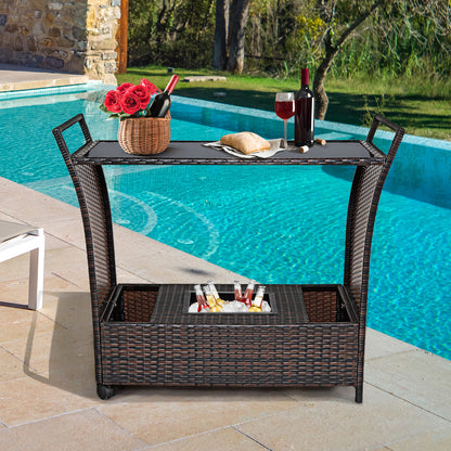 Patio Rolling Rattan Kitchen Trolley Cart Dining Aluminum Frame with Storage Box