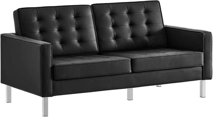 Loft Tufted Button Faux Leather Upholstered Loveseat in Silver Black