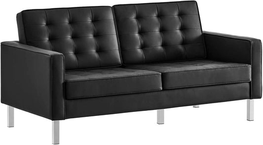 Loft Tufted Button Faux Leather Upholstered Loveseat in Silver Black