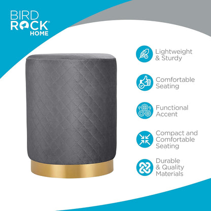 Velvet round Ottoman Foot Stool with Lattice Design and Gold Trim - Soft, Padded Foot Rest for Living Room or Bedroom – Decorative Foot Ottoman for Chair, Rocking Chair or Couch - Grey