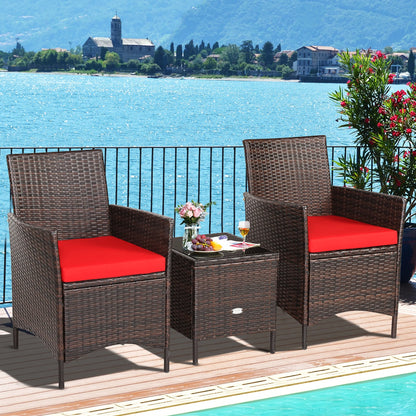 3PCS Patio Rattan Furniture Set Cushioned Sofa Glass Tabletop Deck Red