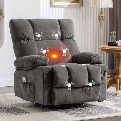 Massage Swivel Rocker Recliner Chair with Vibration Massage and Heat Ergonomic Lounge Chair for Living Room with Rocking Function and Side Pocket, 2 Cup Holders, USB Charge Port,Brown