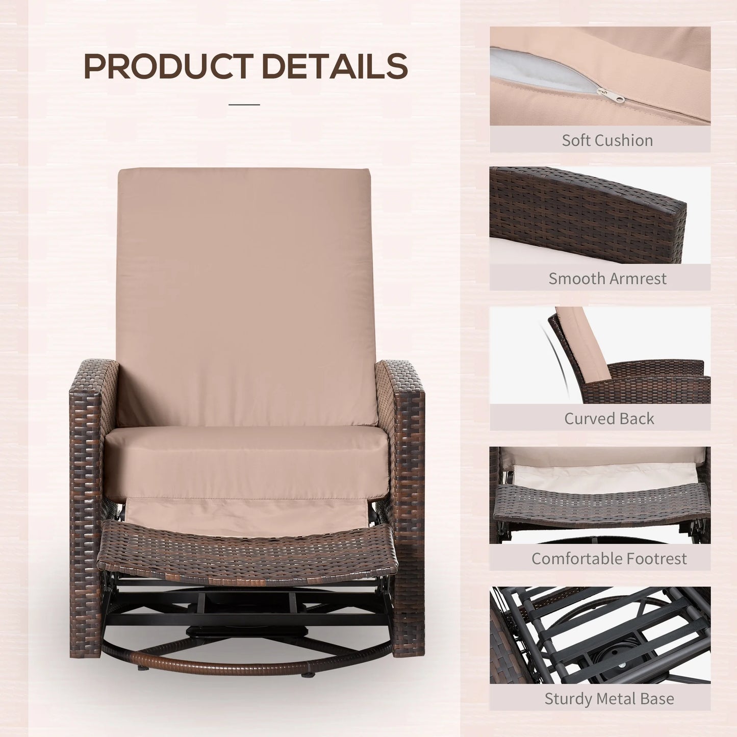 Reclining Rattan 360° Swivel Chair Patio Cushioned Recliner