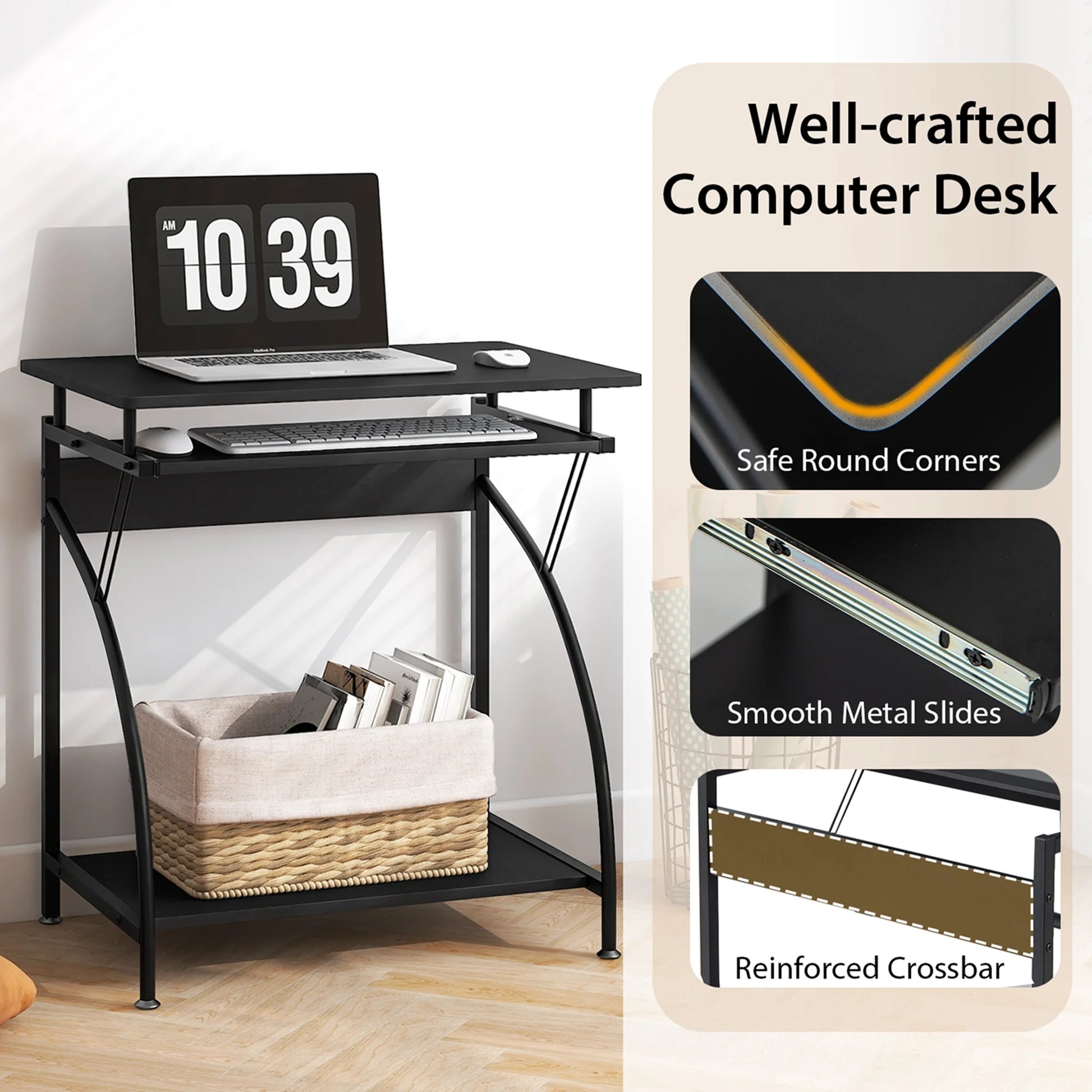 27.5" Laptop Table Computer Desk for Small Spaces with Pull-Out Keyboard Tray