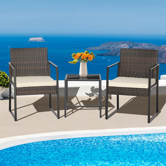 3Pcs Patio Furniture Set Heavy Duty Cushioned Wicker Rattan Chairs Table