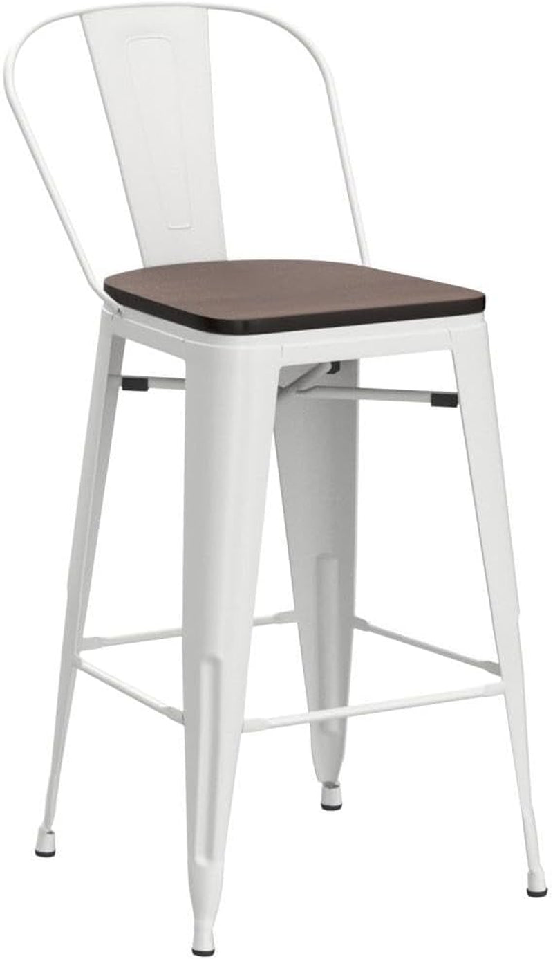 Metal Bar Stools Set of 4,26 Inch Barstools Counter Height Bar Stool with Backs Farmhouse Bar Stools with Larger Seat High Back Kitchen Dining Chairs Modern Bar Chairs White Cream Stool