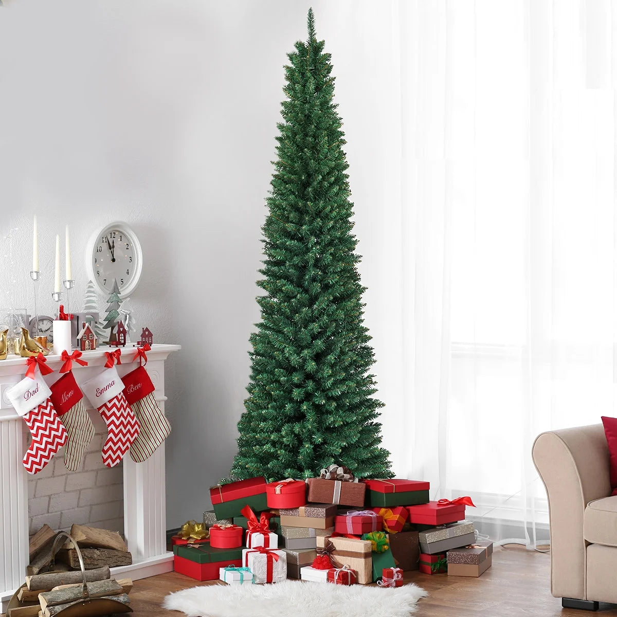 8Ft PVC Artificial Pencil Christmas Tree Slim Stand Green