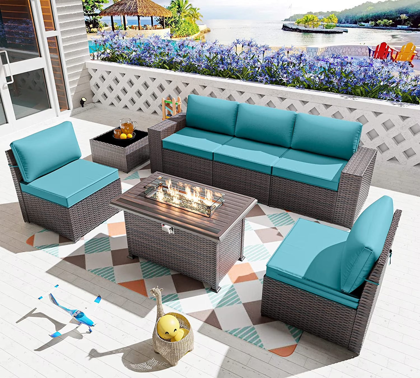 7 Pieces Outdoor Patio Furniture Set with 43" Fire Pit Table Sets Outdoor Furniture Patio Conversation Set (Grey)