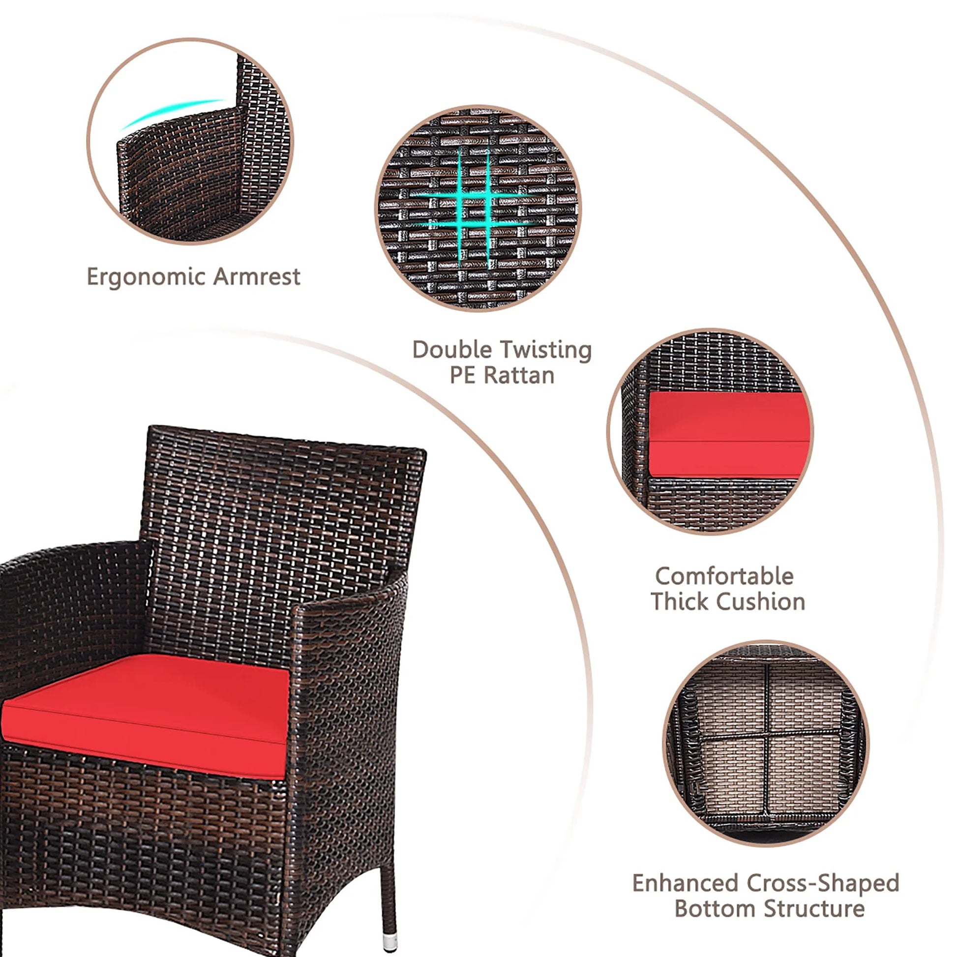 Outdoor 3 PCS PE Rattan Wicker Furniture Sets Chairs Coffee Table Garden Red
