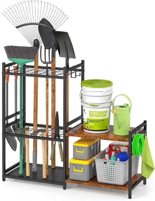 Garage Tool Organizer with 2-Tier Wooden Shelves, Yard Tool Organizer for Garage