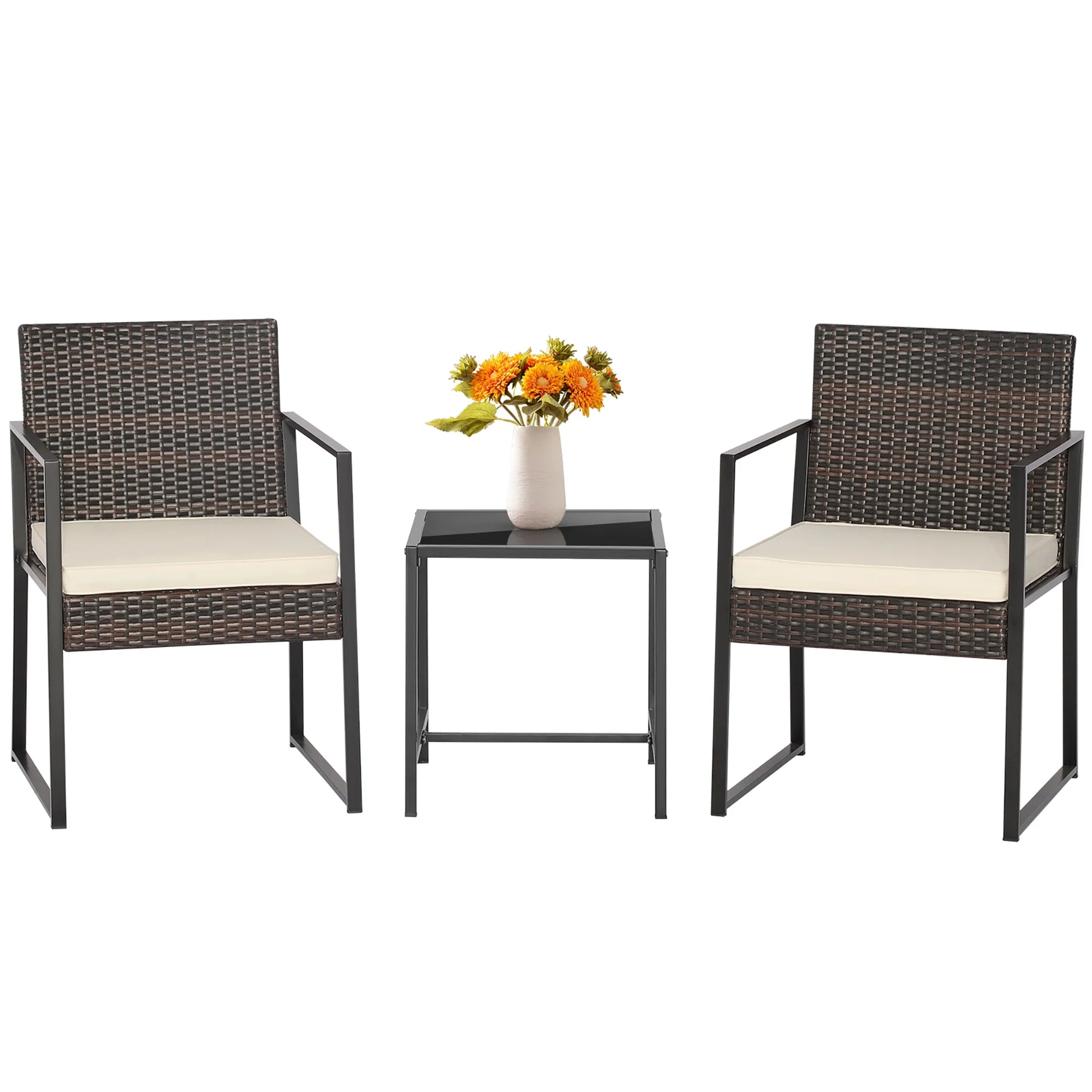 3Pcs Patio Furniture Set Heavy Duty Cushioned Wicker Rattan Chairs Table
