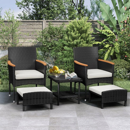 5 Piece Outdoor Patio Furniture Set with Table&Ottoman Outdoor Furniture Patio Set Bistro Wicker Patio Set (Brown Wicker&Khaki Cushion)