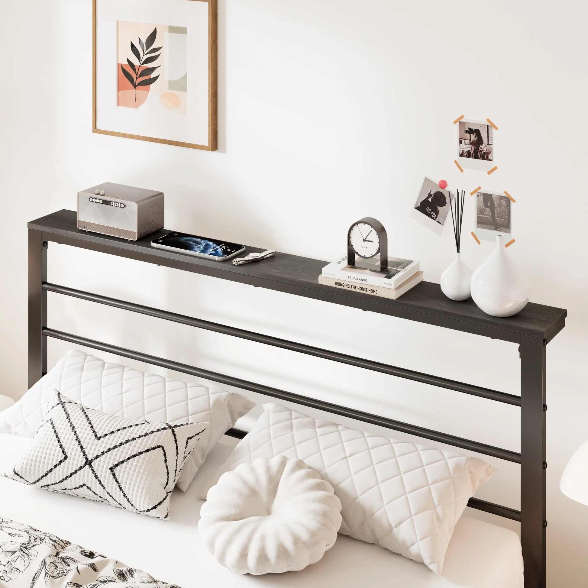 Twin Size Metal Platform Bed Frame with Black Shelf Headboard & Storage, Adult