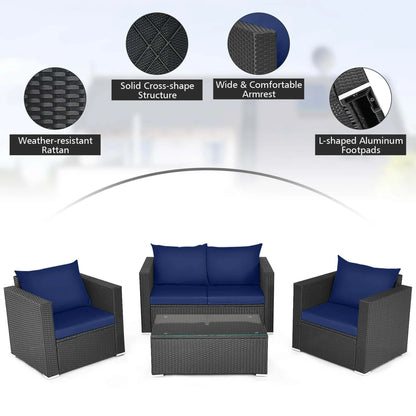 4 PCS Patio Rattan Furniture Set Cushioned Sofa Chair Coffee Table Blue
