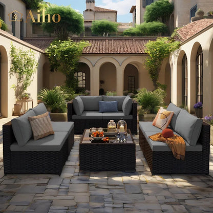 7 Piece Patio Furniture Sets,  Outdoor Sectional Sofa with Glass Coffee Table & Cushions for Patio - Beige