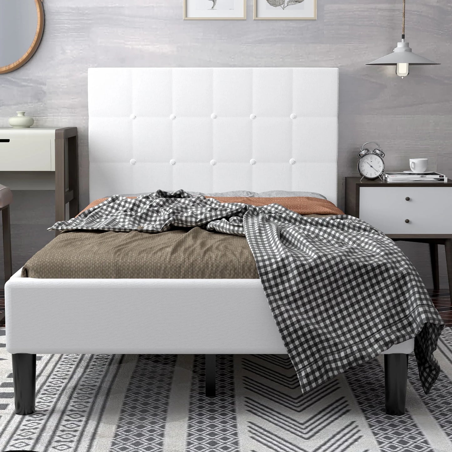 Twin Upholstered Bed Frame Button Tufted Headboard Mattress Foundation Beige