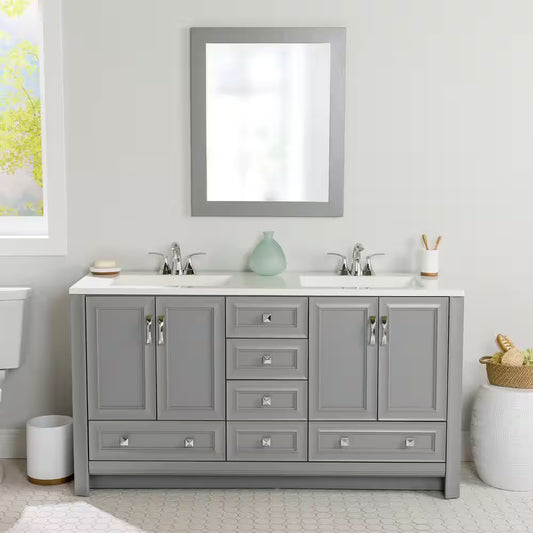Candlesby 61 In. Double Sink Sterling Gray Bath Vanity with White Cultured Marble Top (Assembled)