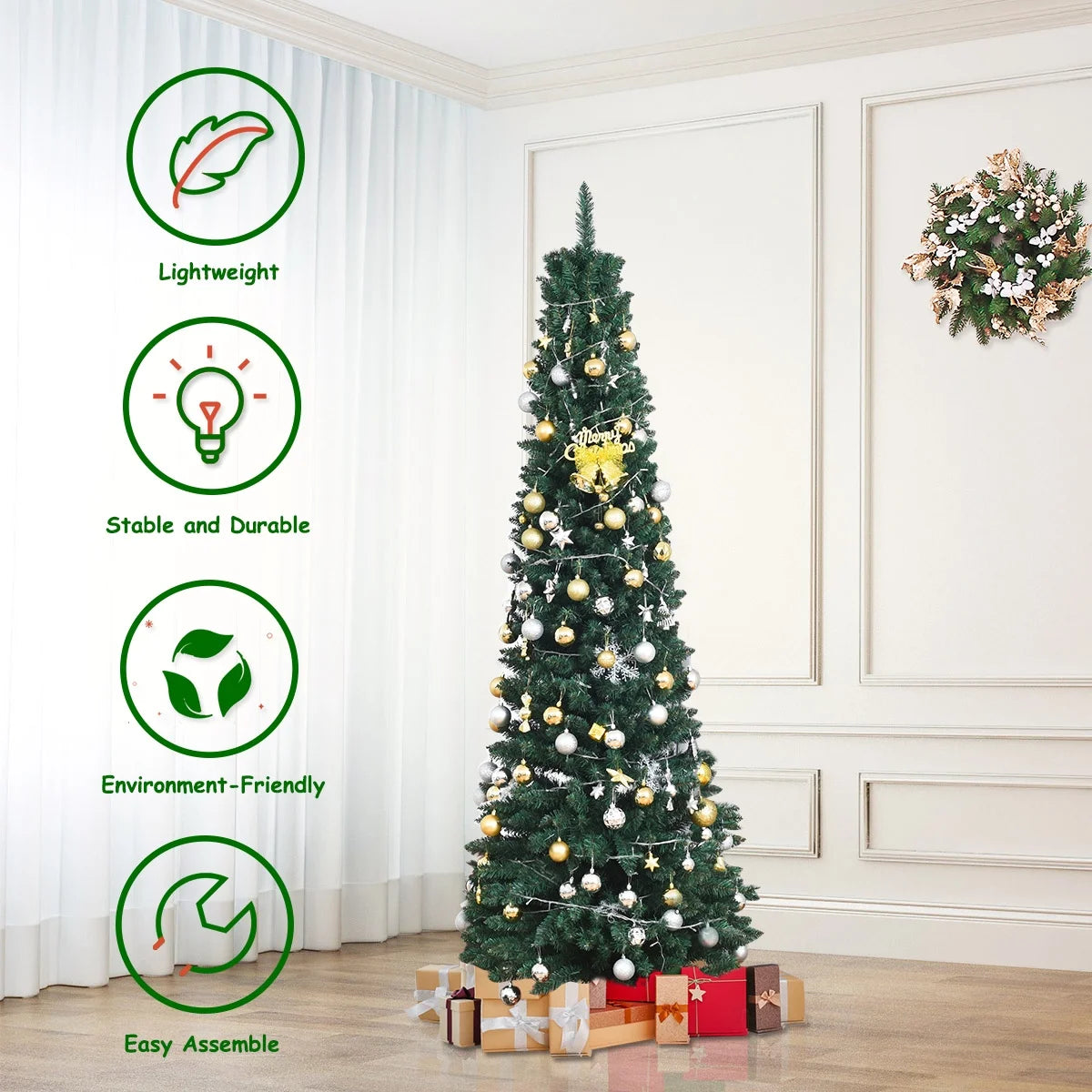 8Ft PVC Artificial Pencil Christmas Tree Slim Stand Green
