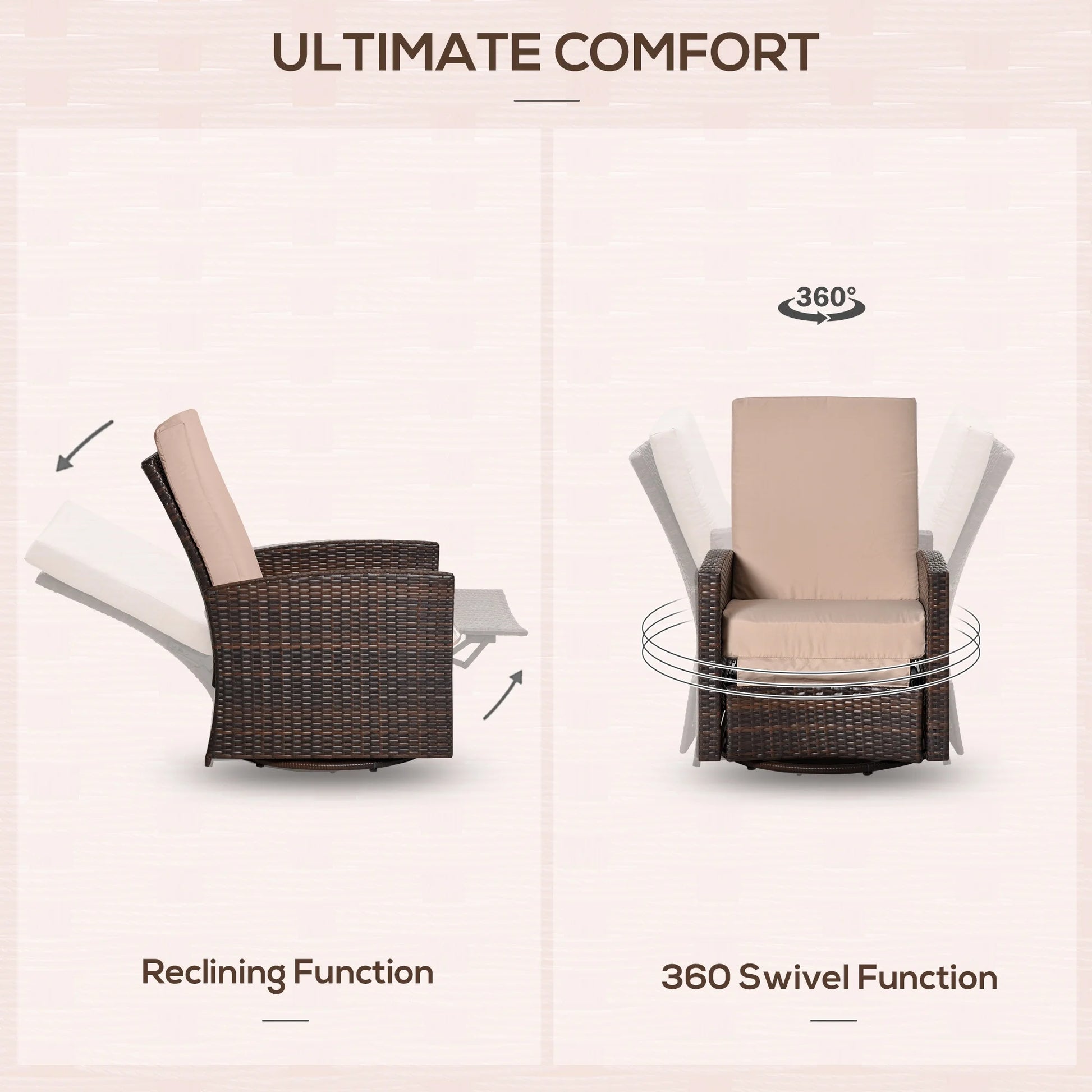 Reclining Rattan 360° Swivel Chair Patio Cushioned Recliner
