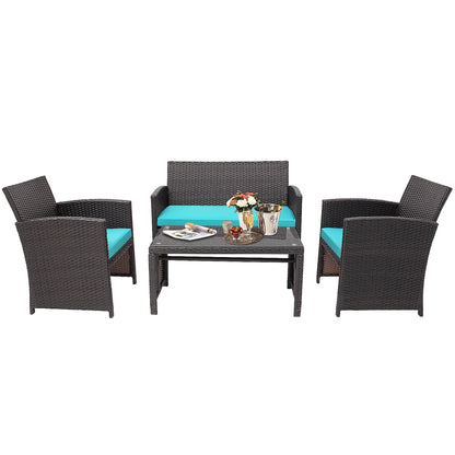 4PCS Patio Rattan Furniture Set Cushioned Chair Sofa Coffee Table Turquoise