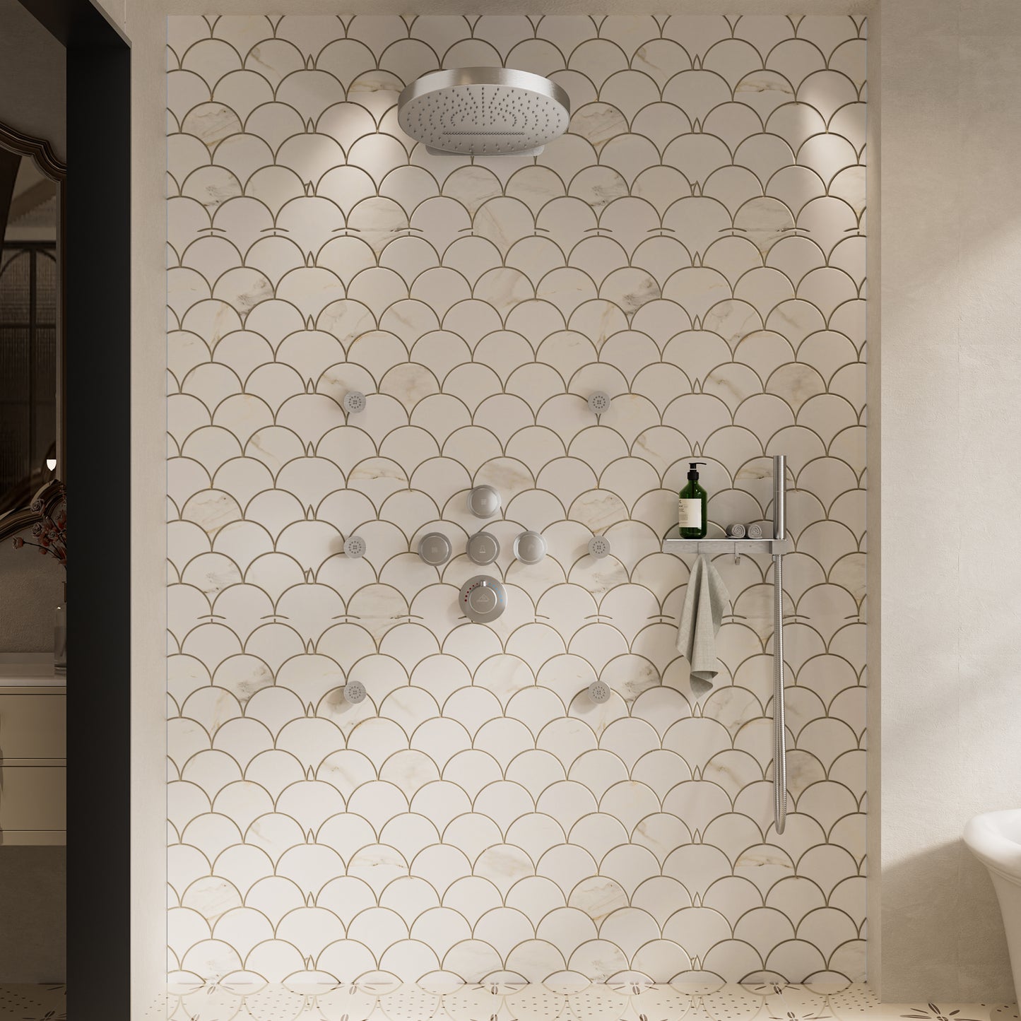 CASAINC 12 Inches Thermostatic Wall Mounted Round Shower System with 6 Body Jets & Handheld Spary Shelf